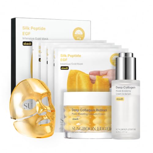 SUNGBOON EDITOR Golden Glow Plump-Looking Trio, Silk Peptide EGF Intensive Gold Mask & Deep Collagen Serum & Deep Collagen Capsule Cream, Gifts for Women